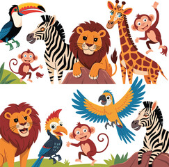 Naklejka premium Cute cartoon safari animals including a lion zebra giraffe monkey and tropical birds for children education nursery and jungle theme,