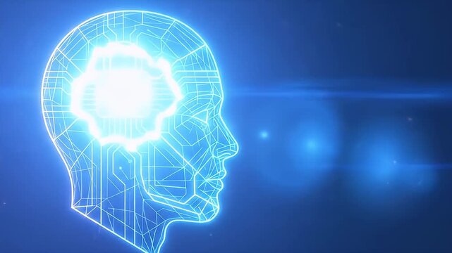 Glowing digital human head with circuit lines and bright brain light symbolizing artificial intelligence, futuristic technology, cybersecurity, data protection, and network security concepts