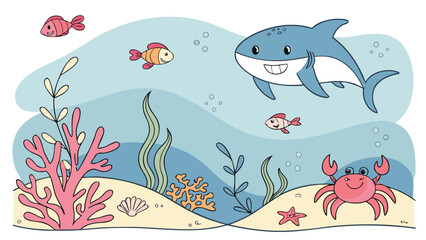 Obraz premium A large blue shark with a smile swims through blue water above a red crab and several small fish near colorful coral reefs.