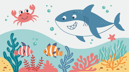 Obraz premium Colorful cartoon illustration of a friendly shark, a red crab, and tropical fish in the deep blue sea.