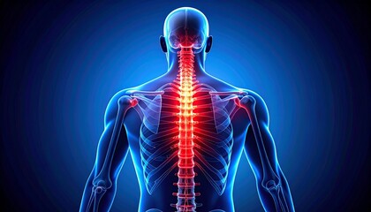 Digital illustration of human figure viewed from the back, spine glowing red with surrounding nervous system in blue, emphasizing spinal health and neurological function.