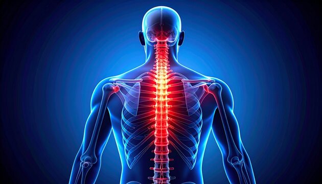 Digital illustration of human figure viewed from the back, spine glowing red with surrounding nervous system in blue, emphasizing spinal health and neurological function.