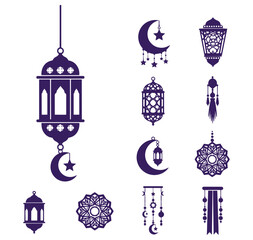 Naklejka premium Ramadan Kareem decorative elements with lanterns moons and stars