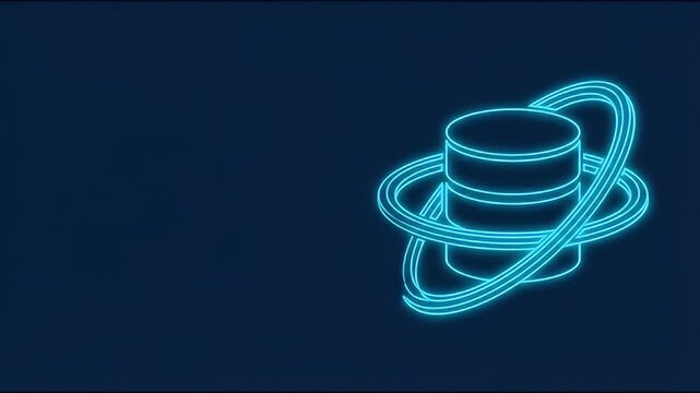 Glowing neon blue database icon with orbit rings, futuristic technology symbol featuring digital data storage, network connection, vibrant light effect, and modern electronic data center design