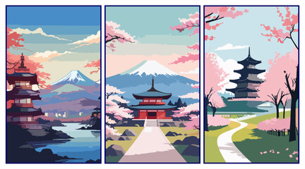 Mountain and Japan landscape triptych with Fuji, torii gates, and pine forests in flat vector retro style © hadi