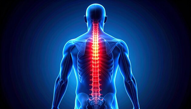 Digital illustration of the human spine viewed from the back, highlighted in red against translucent blue body, symbolizing spinal health and anatomy.