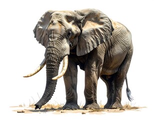 Fototapeta premium A majestic, large African mammal with long tusks stands, showcasing wrinkled gray skin. Its ears are prominent, with a white background