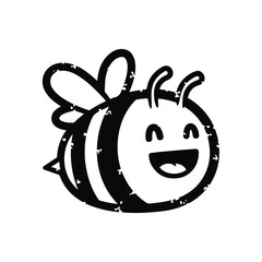 Obraz premium Cute cartoon bee illustration, black and white, with a happy face and textured effect, isolated on white background