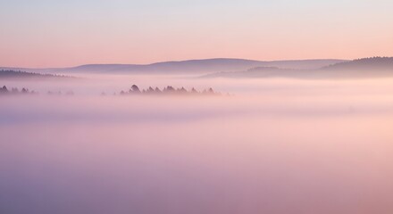 Obraz premium Misty Sunrise Over Rolling Hills with Soft Pink and Purple Hues.