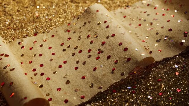 Close up of festive glitter paper scroll on golden background.