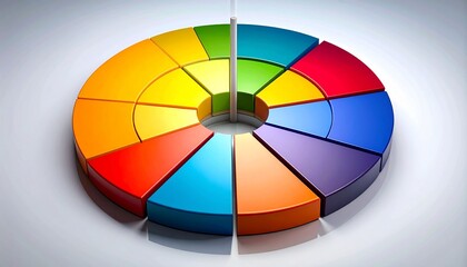 Obraz premium Three-dimensional circular color wheel divided into 16 raised segments, smooth transitions of hues from cool blues and greens to warm reds, oranges, and yellows, concentric layers showing saturation a