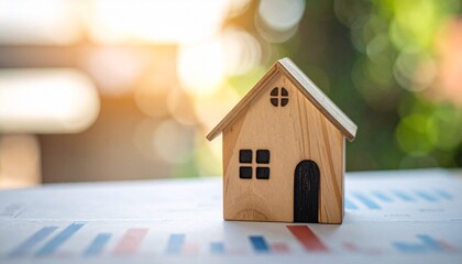 Small wooden house model placed on financial graphs with blurred cityscape and warm sunset glow in background, symbolizing real estate investment and housing market analysis