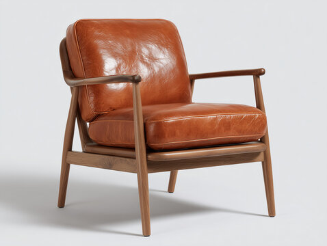 Simple Mid-Century Modern Wood and Leather Armchair