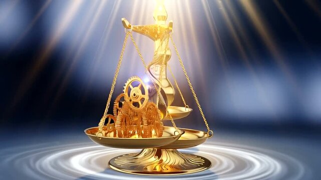 Golden Scales of Justice Balancing Gears and Globe.