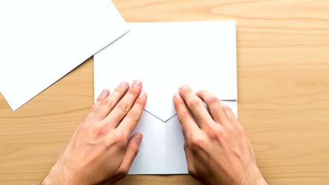 Hands Folding Paper on Wooden Desk.