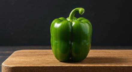 Fresh green bell pepper on wooden board