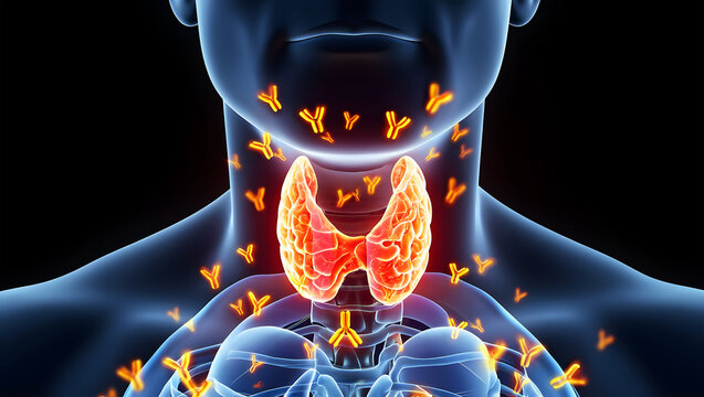 Glowing antibodies attacking inflamed thyroid gland in blue human torso dark background