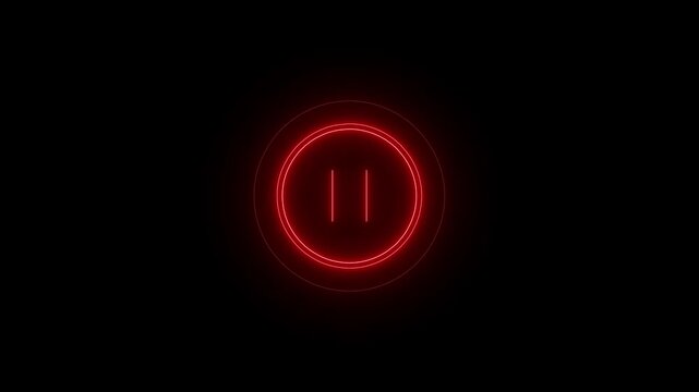 Glowing red neon pause button symbol centered on a dark black background