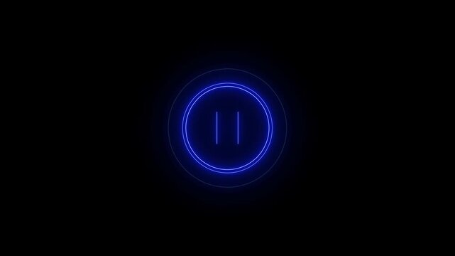 Glowing blue neon pause button icon isolated on a dark black background