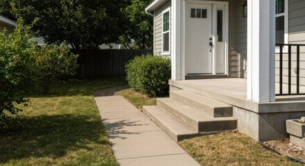Front porch steps and walkway of a light gray house