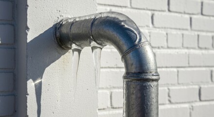 Frozen metal pipe against a white brick wall.  Icicles hang from a section of pipe that angles outward