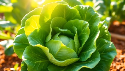 Obraz premium A vibrant green lettuce head thriving in a sunny garden bed with lush foliage and warm soil