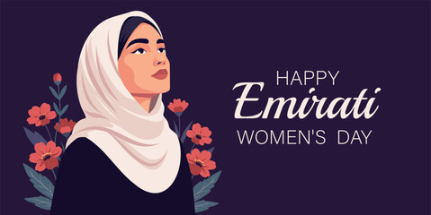 Emirati Women&rsquo;s Day. Vector banner with space for text. Muslim woman, wearing a hijab, looks up against a dark purple background with flowers. Calm, dignity, empowerment. For festive, cultural project