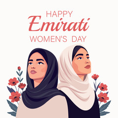 Emirati Women&rsquo;s Day. Vector banner with space for text. Two Arab Muslim women wearing hijabs look up against a light background with flowers. Symbols of dignity, empowerment. For holidays, cultural
