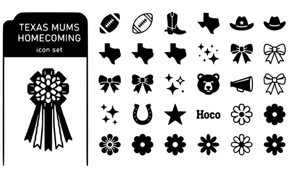 Texas Mums Homecoming Giant-Ribbons Flower-Corsage Texas-Tradition Mum-Culture Homecoming-Flower Ribbon-Decoration Vector Icon Set - Texas Mums