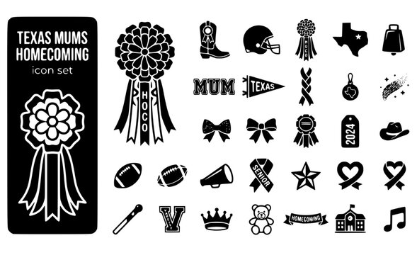 Texas Mums Homecoming Giant-Ribbons Flower-Corsage Texas-Tradition Mum-Culture Homecoming-Flower Ribbon-Decoration Vector Icon Set - Texas Mums