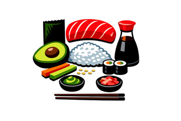 A colorful vector illustration of various sushi ingredients including salmon nigiri, avocado, soy sauce, wasabi, ginger, and chopsticks arranged on a black background. © icon_art