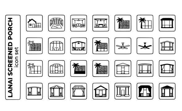 Lanai Screened Porch Screen-Cage Florida-Architecture Screened-Enclosure Patio-Cage Outdoor-Living House-Screen Vector Icon Set - Florida Lanai