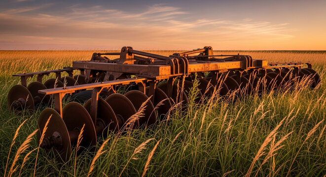 Rusted farm disc harrow in golden hour field, agriculture history rural landscape