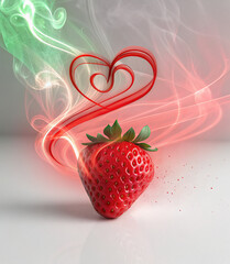 A vibrant strawberry with a heart shaped smoke design behind it