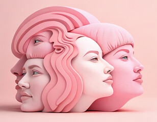 A surreal sculpture of multiple pink faces in a modern art installation