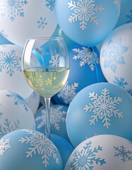 A glass of white wine surrounded by blue and white balloons with snowflake designs