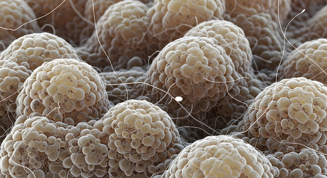 Microscopic view of clustered biological cells with thin filaments and sperm biology