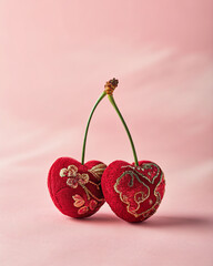 Two red embroidered cherries with green stems on a pink background
