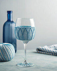 A wine glass with blue and white patterned designs on a table