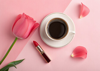 A cup of coffee and a pink tulip on a pink background with lipstick