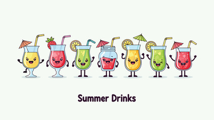 Fototapeta premium Collection of cute cocktail glass characters with smiling faces, fruit slices, and umbrellas for summer drink promotion.