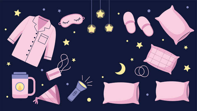 Sleepover and bedtime concept illustration with pink pajamas, pillows, eye mask, slippers, flashlight and stars on dark blue.