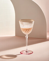 A delicate crystal wine glass with a peach-colored liquid on a pink surface