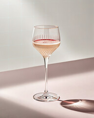 A elegant wine glass with a small amount of rose wine on a table