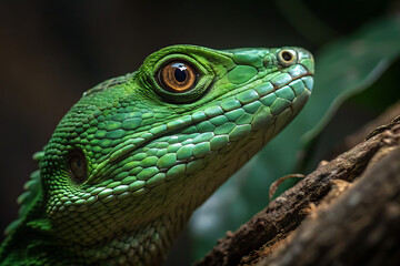 Obraz premium Close-up of a vibrant green lizard's eye in natural habitat