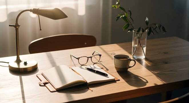 A sunlit wooden desk holds a brass lamp an open notebook with a pen eyeglasses a coffee mug and a vase of green branches A chair is visible in the background