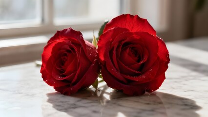 "Two Red Roses with Water Droplets on Luxury Marble: A Symbol of Everlasting Love"