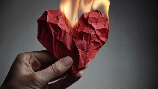 Hand holding a red paper shape heart wich is burning 