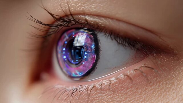 Futuristic eye with led lights and a camera lens 