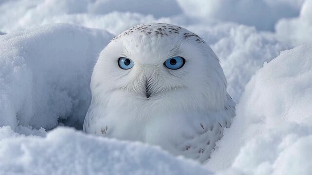 Snowy owl in a sunny winter snow day 